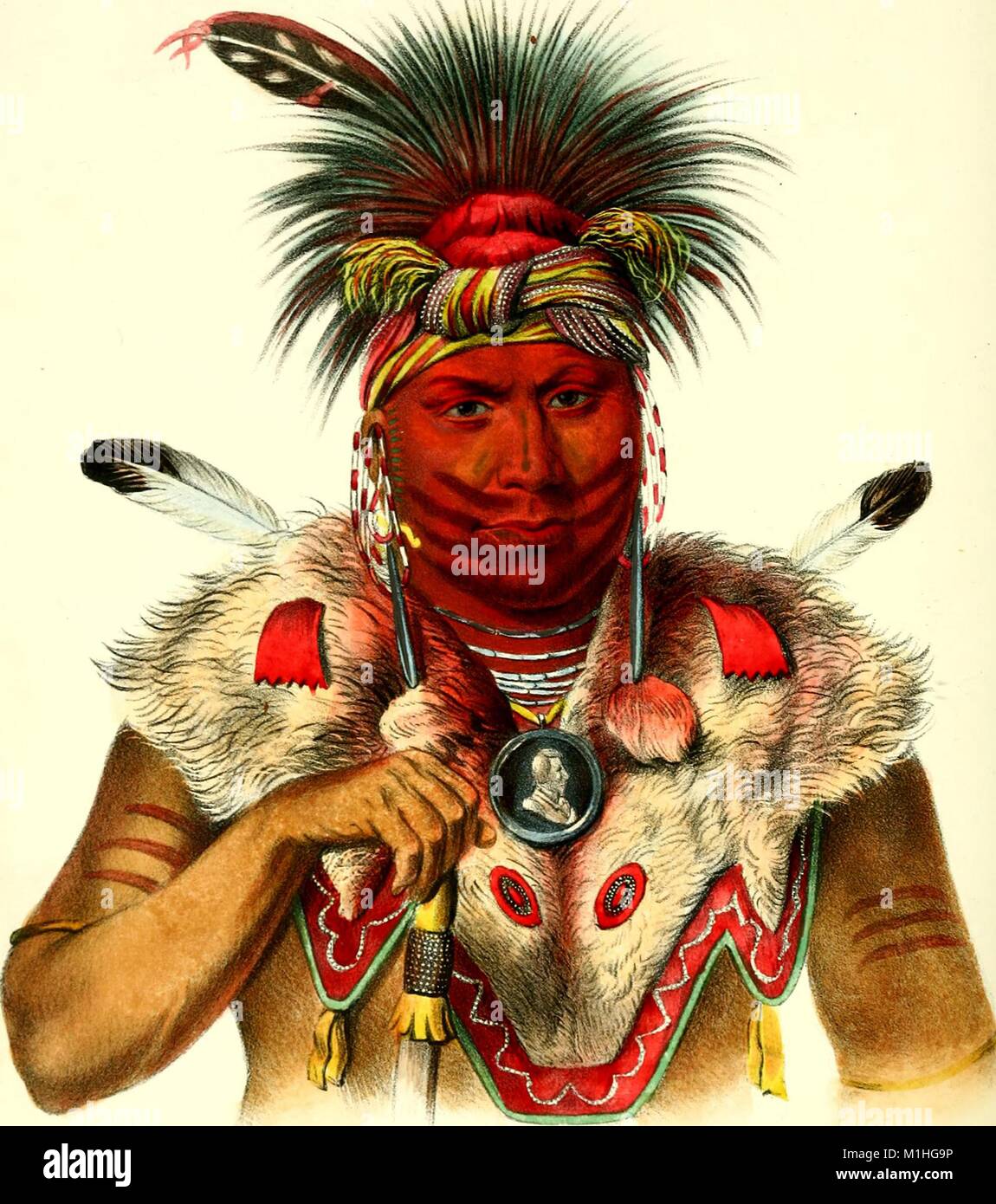 Testa-shot, Illustrazione a colori di Fox Chief Nesouaqouit, aka "sopportare nelle forcelle di un albero, ' indossando faccia rossa vernice, un rosso feathered copricapo, innervato selvaggina di penna e di pelo corto cape, orecchini, bracciali e collane diversi, tra cui una medaglia d'argento, dal libro 'indiano biografia" scritto da Thatcher BB (Benjamin Bussy), 1825. La cortesia Internet Archive. () Foto Stock