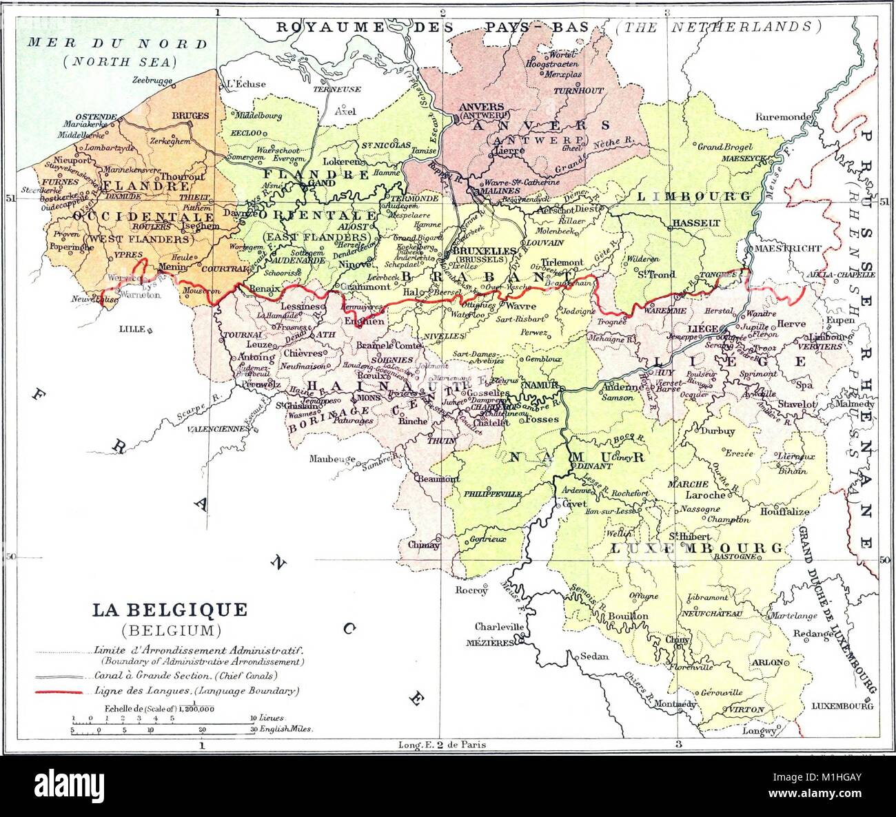 Mappa politico del Belgio, a colori, con una scala e marcature per delineare regioni amministrative, dei canali e delle barriere linguistiche, dal volume "Terra e, manodopera, lezioni dal Belgio, ' scritto da B Seebohm (Benjamin Seebohm Rowntree), 1911. () Foto Stock