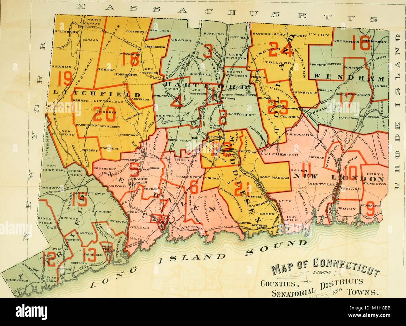Mappa politico dello stato americano del Connecticut, con codifica a colori per indicare le contee e le divisioni senatoriale, e notazioni per indicare città e linee ferroviarie, dall'ufficiale 'Registro manuale e dello stato del Connecticut' pubblicato da parte dello Stato del Connecticut (caso Lockwood e Brainard), 1891. () Foto Stock