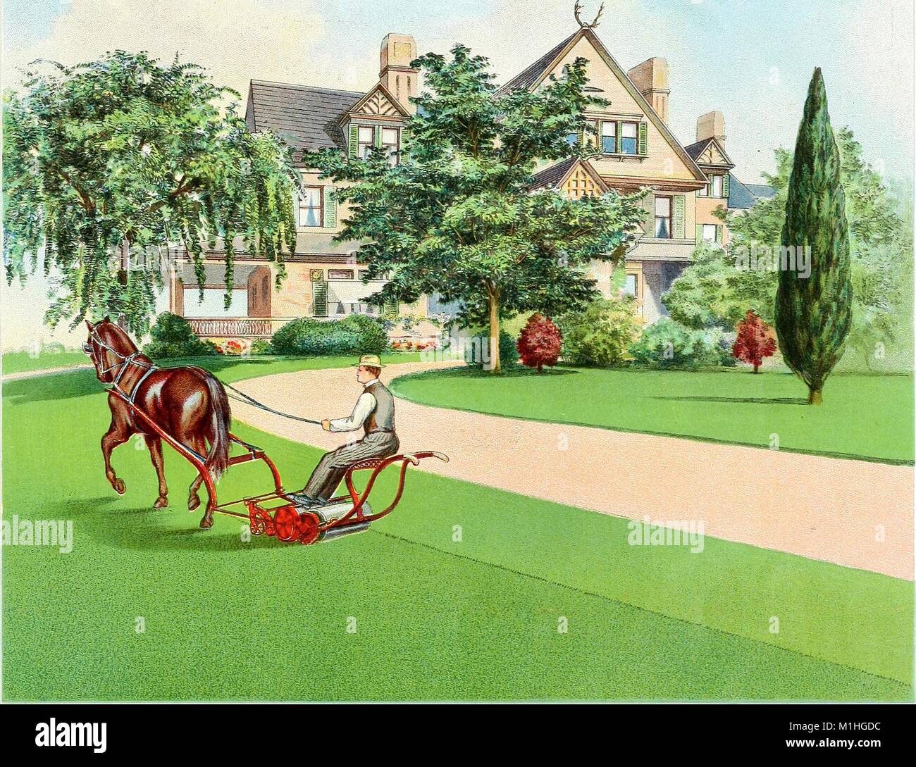 Illustrazione a colori raffigurante un uomo che indossa un cappello mentre cavalcate a cavallo tosaerba e la falciatura di un ampio prato verde, nella parte anteriore del presidente Roosevelt house, 'Sagamore Hill, ' a tre piani del palazzo che è oscurata da diversi alberi e siepi, dal volume "Tutto per il Giardino: 1906, ' scritto da Peter Henderson e Co, dall'Henry G. vivaio di Gilbert e il commercio di sementi Catalogo Collezione, 1906. () Foto Stock