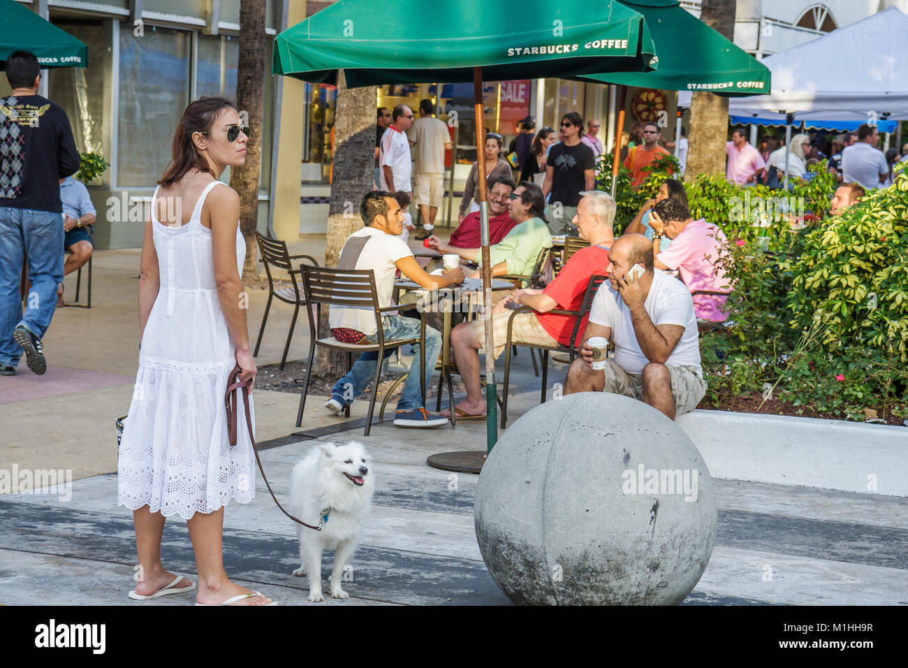 Miami Beach Florida, Lincoln Road Mall, ispanico Latino latino etnia immigrati minoranza, adulti adulti donna donne donna donna donna donna donna, cani, animali domestici Foto Stock