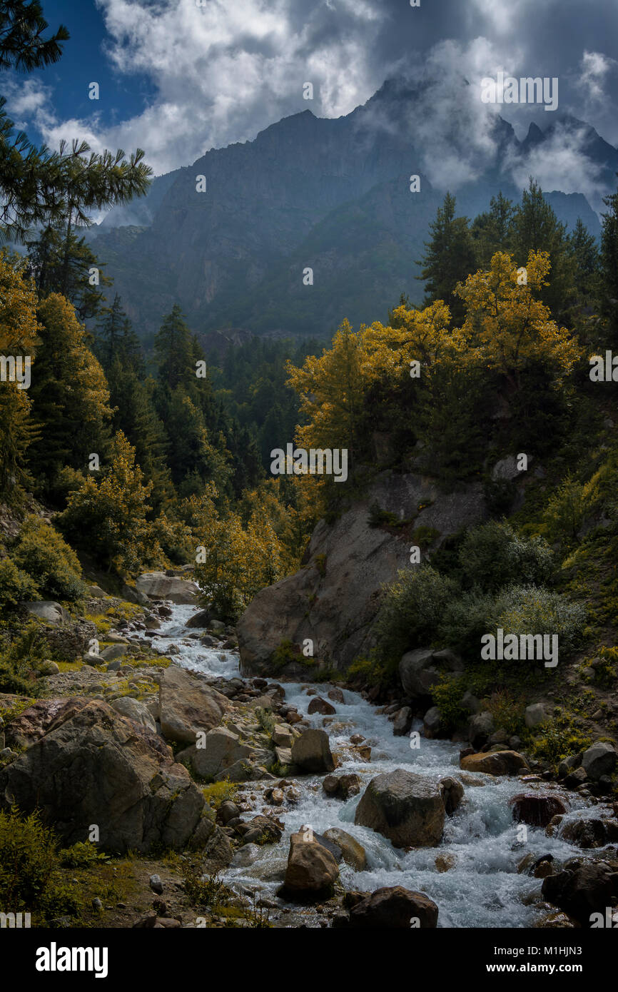 Fiume himalayano sul modo di Kaza Foto Stock