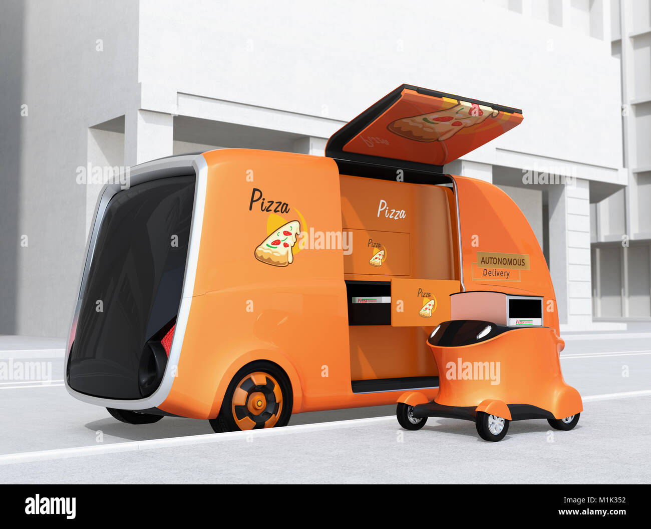 Auto-guida pizza consegna van e drone in strada. Ultimo miglio concetto. Il rendering 3D'immagine. Foto Stock