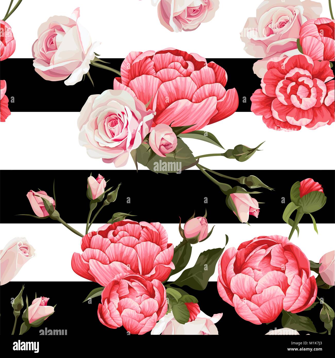Peonie e Rose vettore modello senza soluzione di continuità le strisce bianche e nere fiorito sfondo Texture Illustrazione Vettoriale
