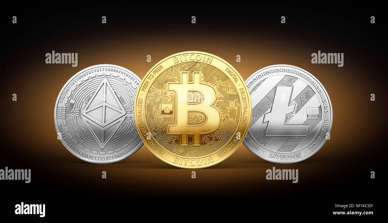 Bitcoin, Litecoin e Ethereum - tre più popolari cryptocurrencies concetto. Il rendering 3D Foto Stock