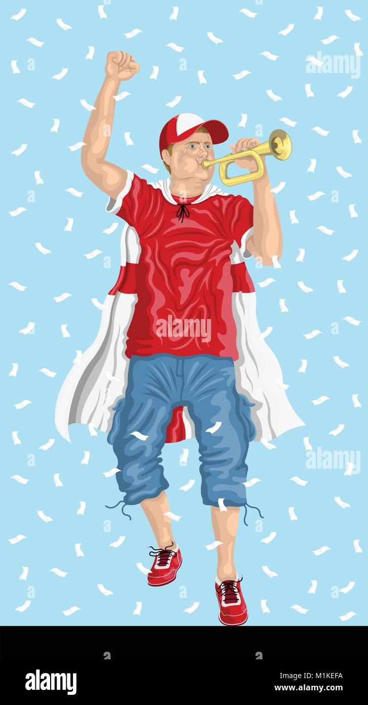 Inghilterra tifoso di calcio con Bugle. Sostenitore di inglese, coriandoli di carte e sfondo sono in diversi strati. Illustrazione Vettoriale