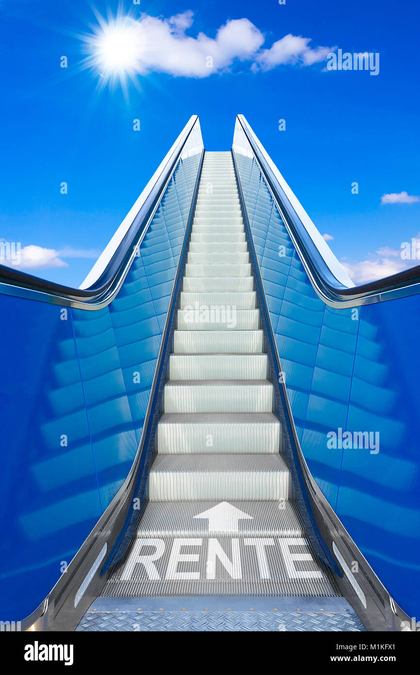 Escalator in un cielo blu, il concetto di realizzazione, testo tedesco, RENTE significato pensione o pensione Foto Stock