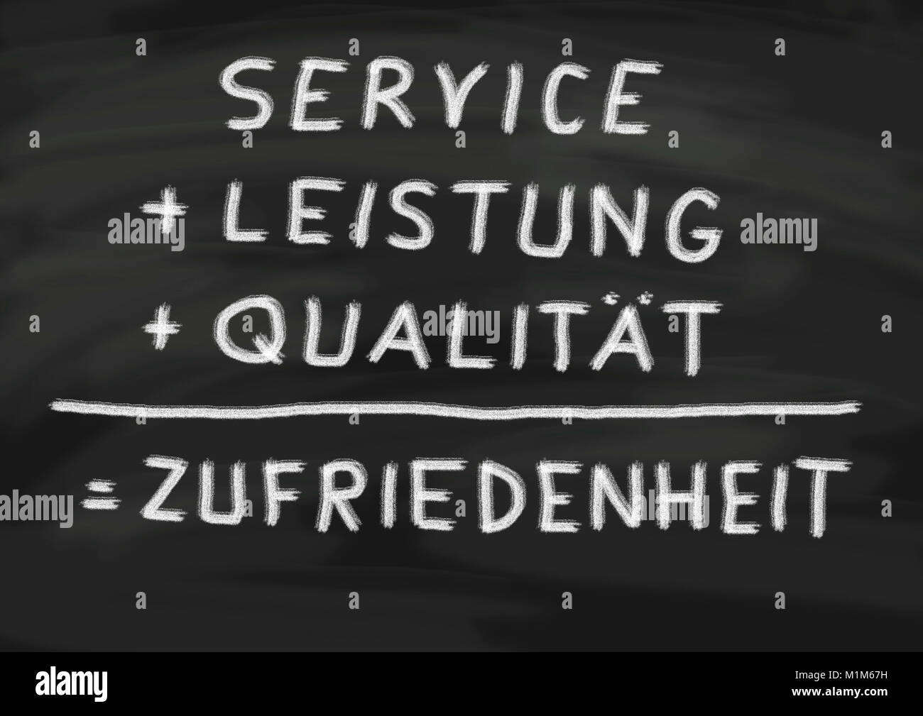 Servizio mit, Leistung und Qualität zur Zufriedenheit des Kunden, geschrieben auf Schiefertafel Foto Stock