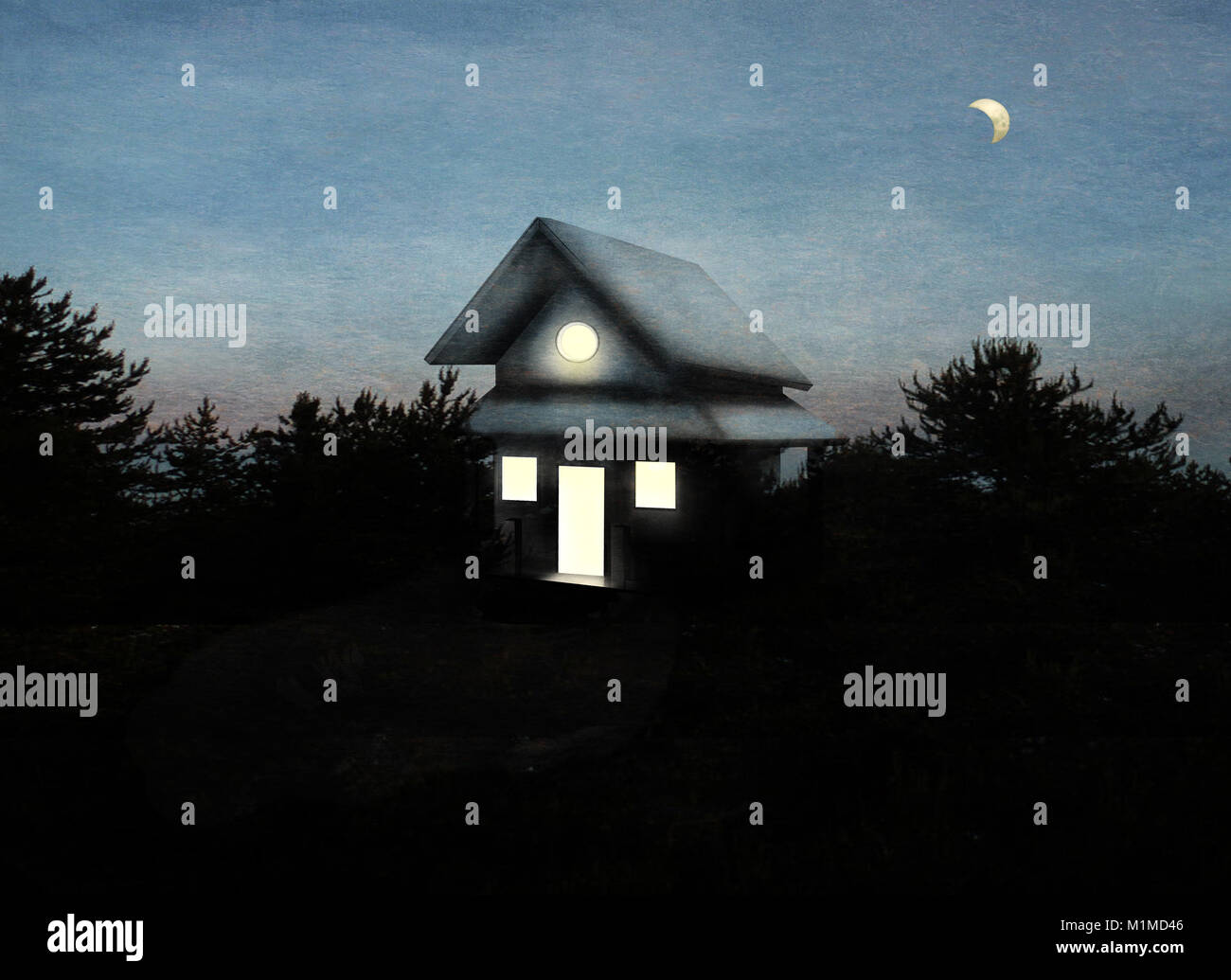 Una bella immagine che rappresenta una casa isolata in una foresta alla prima luce del giorno Foto Stock