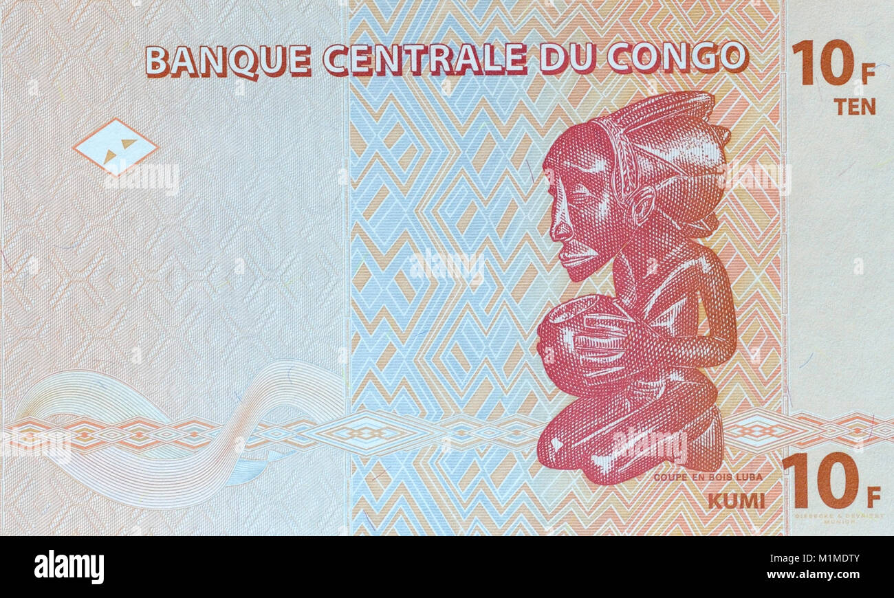 Repubblica democratica del Congo dieci franchi nota banca Foto Stock