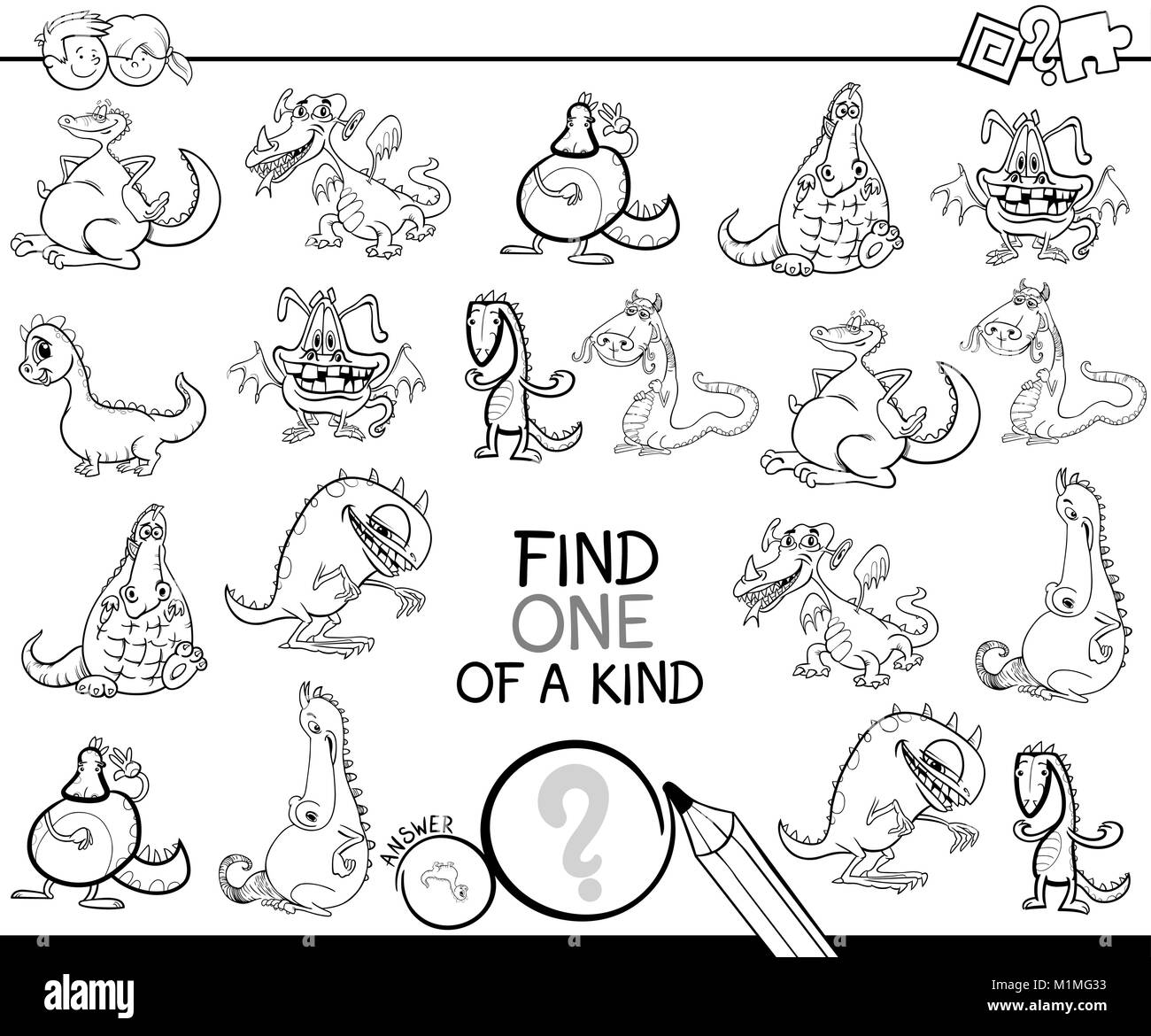 Bianco e Nero Cartoon illustrazione di trovare un tipo di immagine attività didattica gioco per bambini con draghi Fantasy animali colore dei caratteri Illustrazione Vettoriale