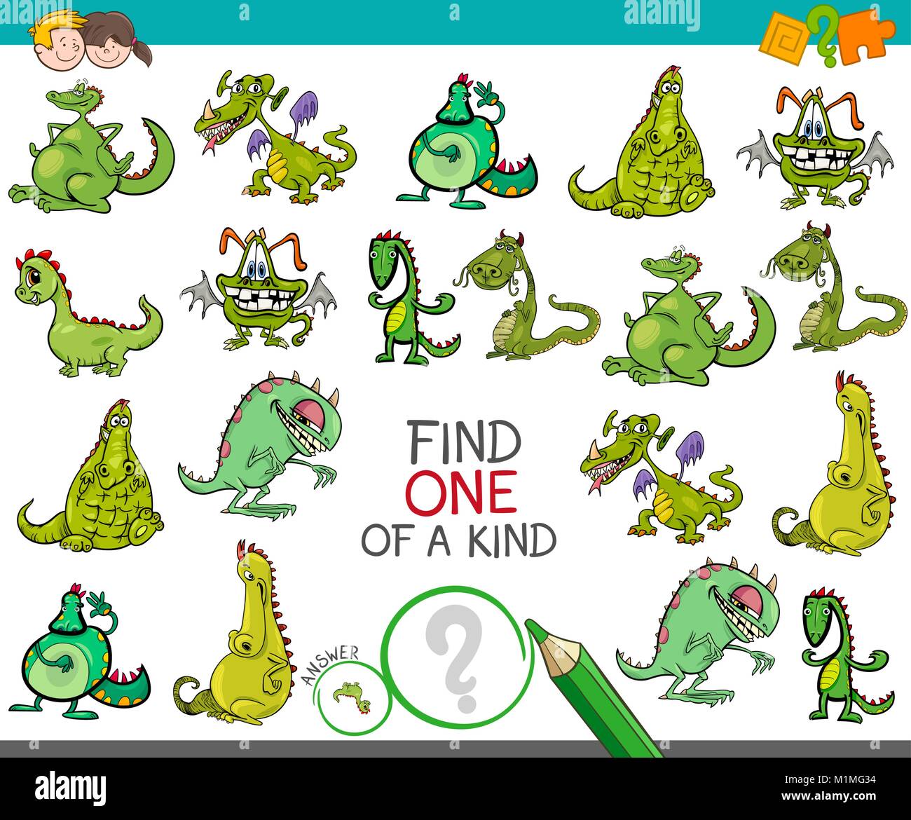 Cartoon illustrazione di trovare un tipo di immagine attività didattica gioco per bambini con draghi Fantasy caratteri di origine animale Illustrazione Vettoriale