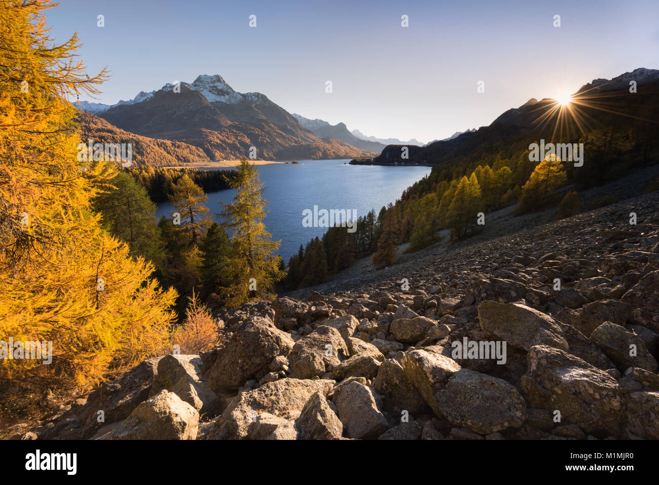 Lago Sils in autunno, Val Engadina, Graubunden, Svizzera Foto Stock