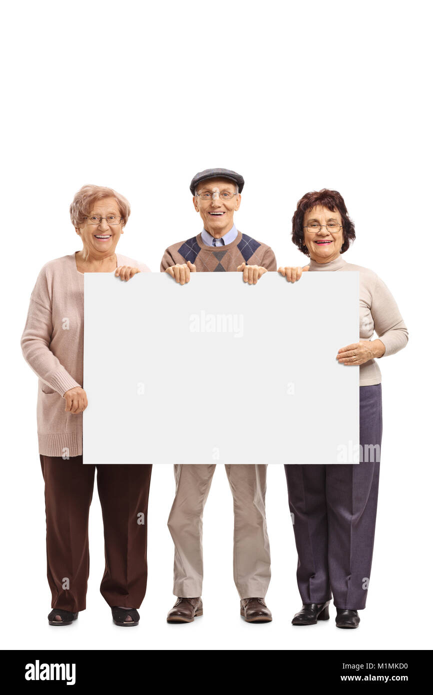 A piena lunghezza Ritratto di anziani tenendo un cartello bianco isolato su sfondo bianco Foto Stock