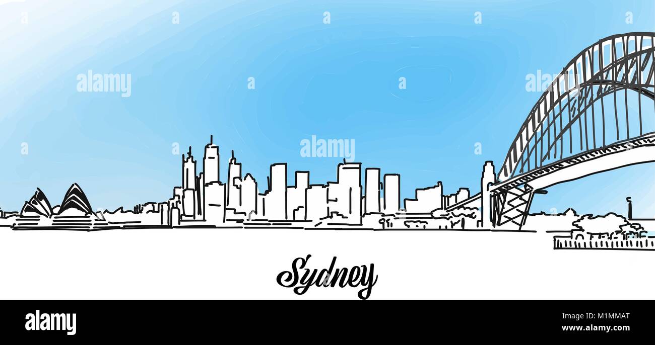 Vettore di Sydney Panorama Banner. Layout per biglietto di auguri e Design di banner. Schizzo di marketing Illustrazione Vettoriale