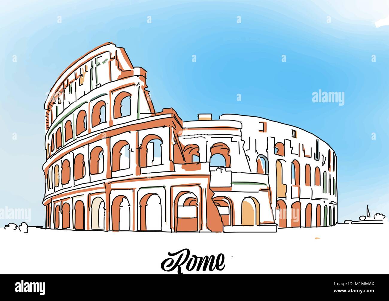 Roma Colosseo Sketch. Layout per biglietto di auguri e Design di banner. Schizzo di marketing Illustrazione Vettoriale