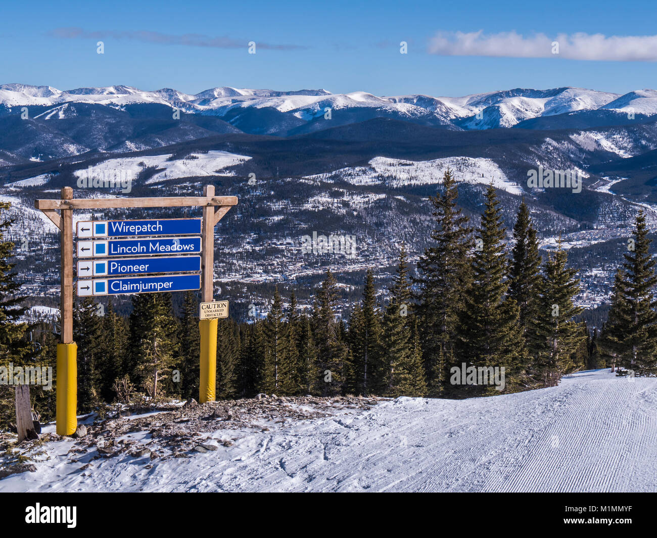 Pista da sci segno sulla sommità di picco 7, Breckenridge Ski Resort, Breckenridge, Colorado. Foto Stock