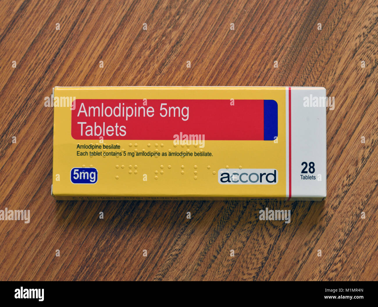 Fotografia della confezione di Amlodipina 5mg. Tablet. 28 compresse. Amlodipina besilato. Ogni compressa contiene 5mg amlodipina besilato. Accordo. Foto Stock