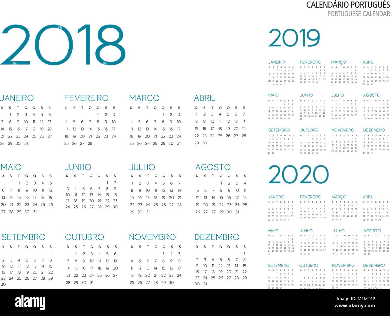 Il portoghese della griglia del calendario 2018 2019 2020 illustrazione vettoriale font outline è armata Illustrazione Vettoriale