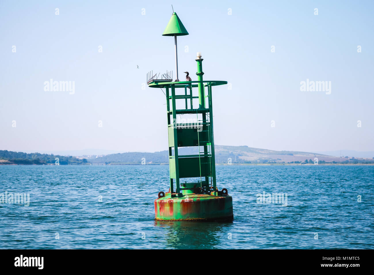 Navigazione verde con Boa cardinale cono galleggia sull'acqua di mare. Baia di Burgas, Mar Nero, Bulgaria Foto Stock