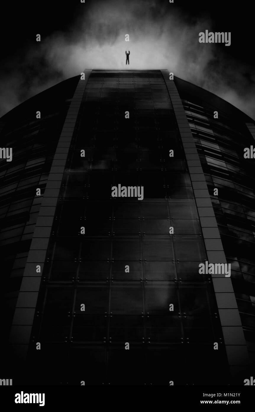 Abstract apocalittico illustrazione con uomo jumb suicidio da un edificio alto Foto Stock