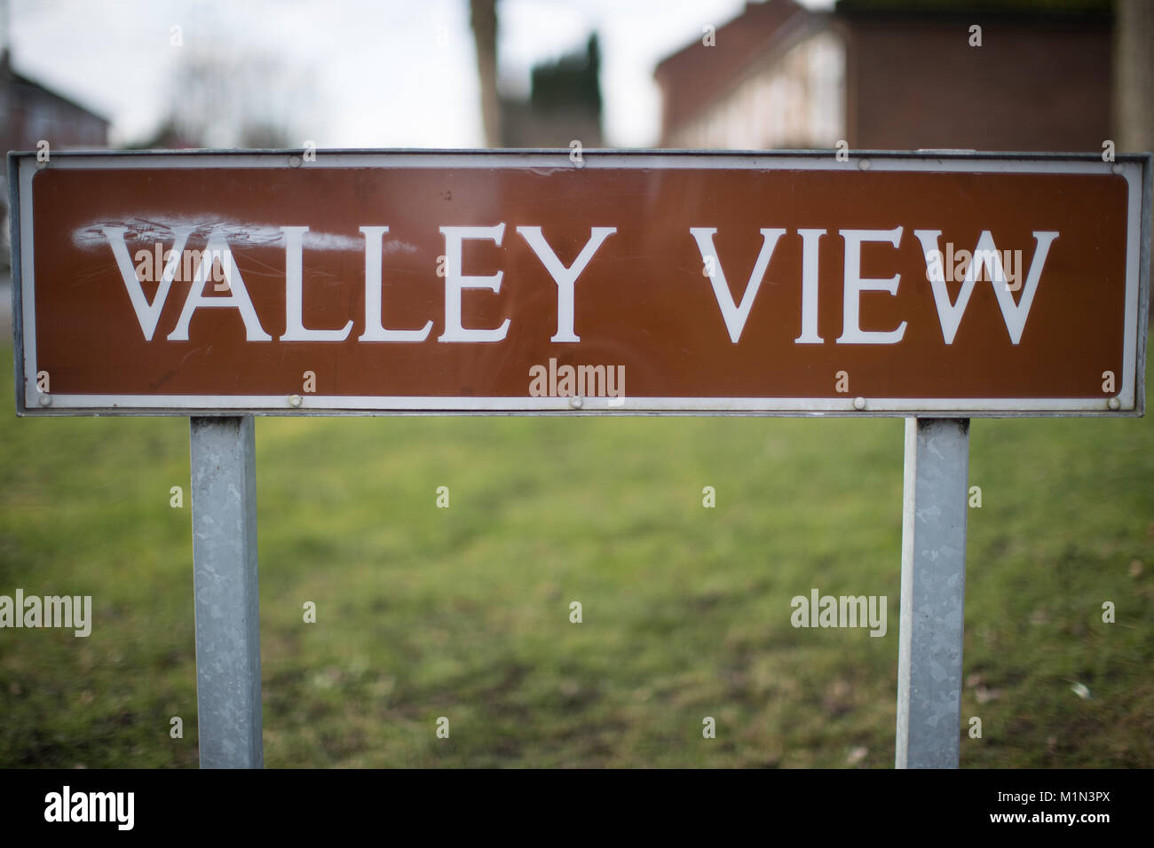 Valley View Road dove omaggi floreali in ricordo di Mylee Billingham sono state stabilite al di fuori della proprietà immobiliare in Brownhills, vicino a Walsall, dove le otto-anno-vecchio è stato trovato con coltello mortali ferite sul ventesimo mese di gennaio. Il padre di pugnalare la vittima è ancora trattata in ospedale, un' inchiesta audizione in Oldbury, West Midlands ha detto. Foto Stock