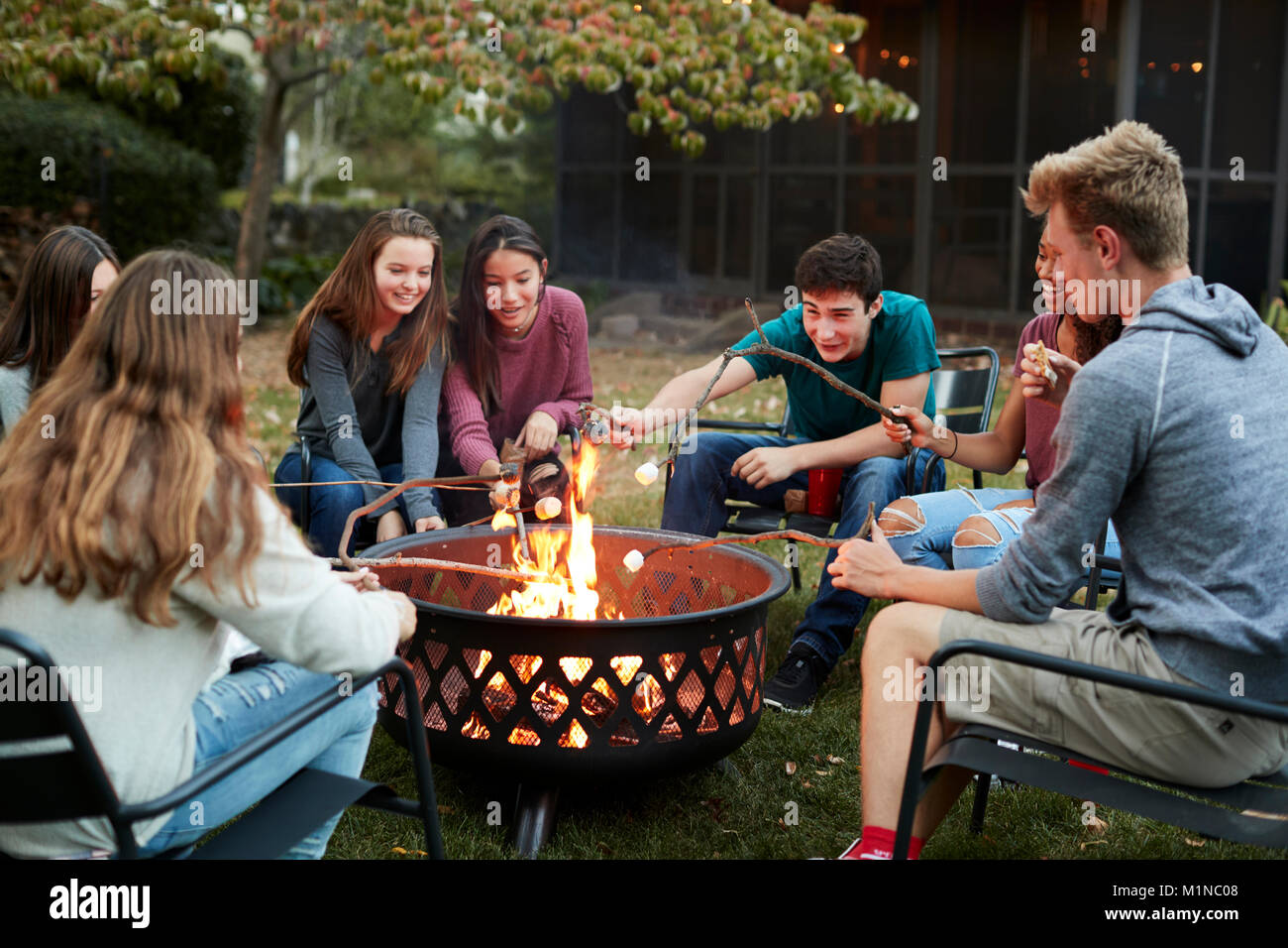 Amici di adolescenti sedersi attorno a una buca per il fuoco la tostatura marshmallow Foto Stock