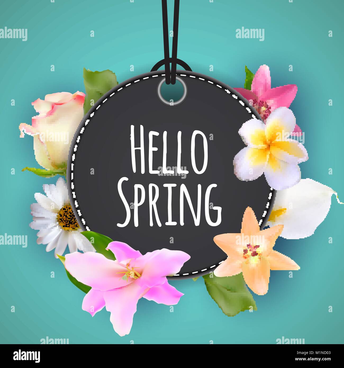 Ciao molla Annunci Banner di background di design con fiori colorati in elementi. Illustrazione Vettoriale Illustrazione Vettoriale