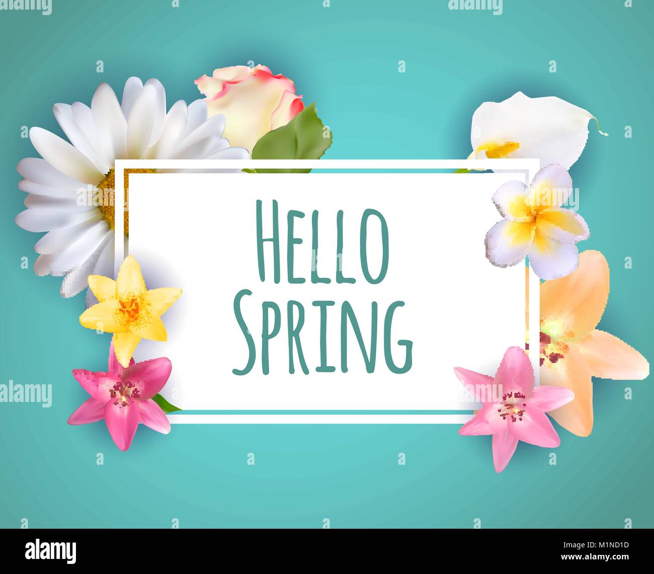 Ciao molla Annunci Banner di background di design con fiori colorati in elementi. Illustrazione Vettoriale Illustrazione Vettoriale