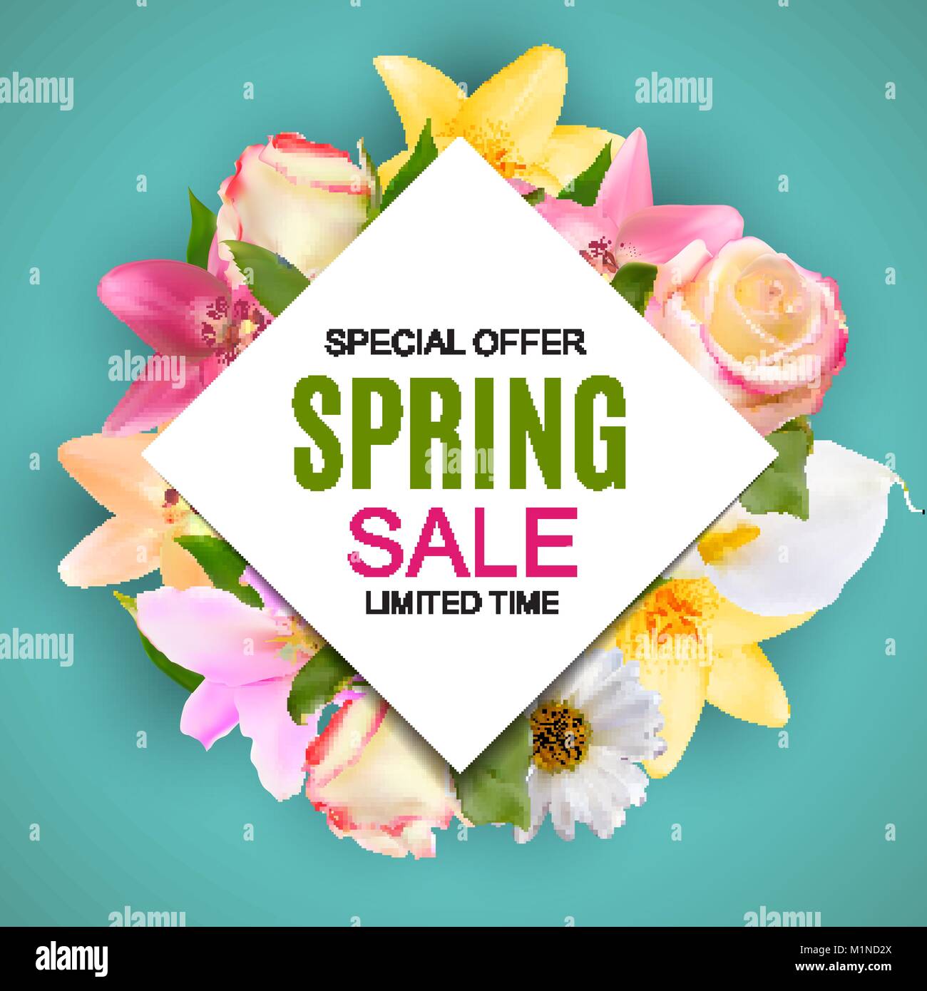 La molla vendita carino sfondo con fiori colorati in elementi. Illustrazione Vettoriale Illustrazione Vettoriale