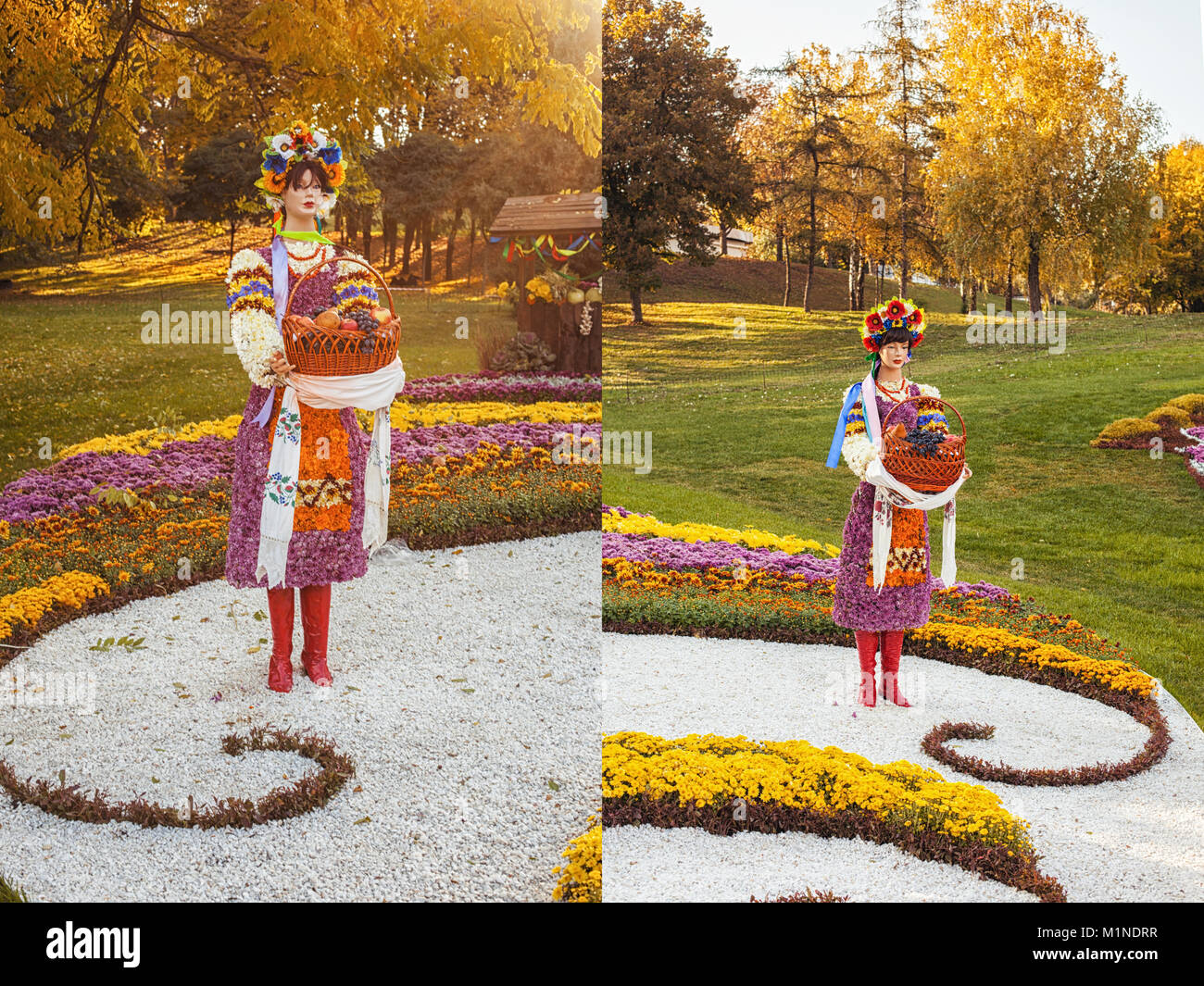 Ragazza fatta di fiori. Composizione di Autunno nel parco Foto Stock