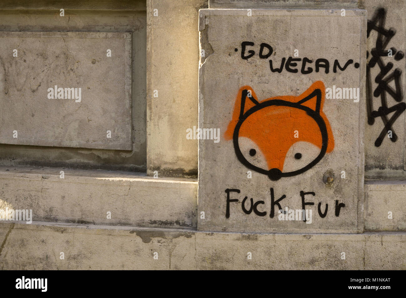 Go Vegan graffiti - Anti fur graffiti a Belgrado in Serbia, l'Europa. Foto Stock