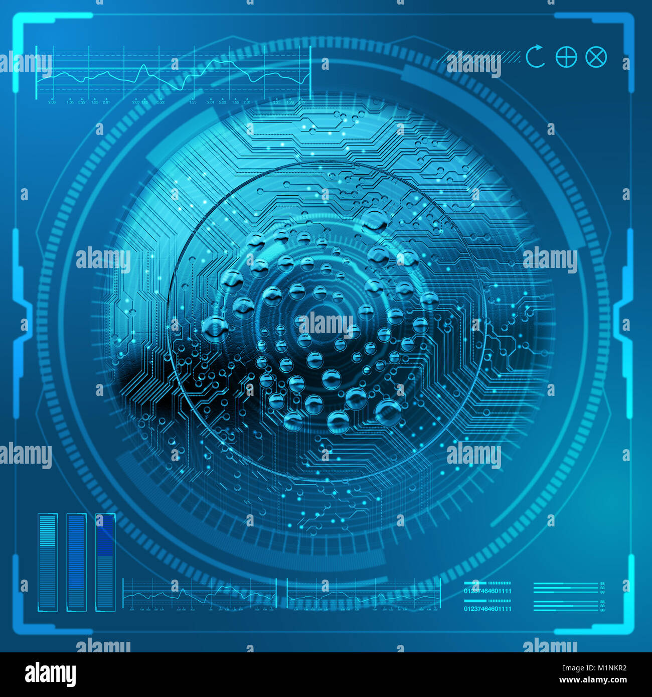La Iota cryptocurrency in forma di monete sovrapposte con un tecnico scientifico di analisi dei dati interfaccia in sfumature di blu futuristc - 3D render Foto Stock