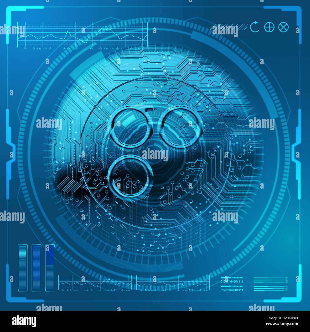 Omisego cryptocurrency in forma di monete sovrapposte con un tecnico scientifico di analisi dei dati interfaccia in sfumature di blu futuristc - 3D render Foto Stock