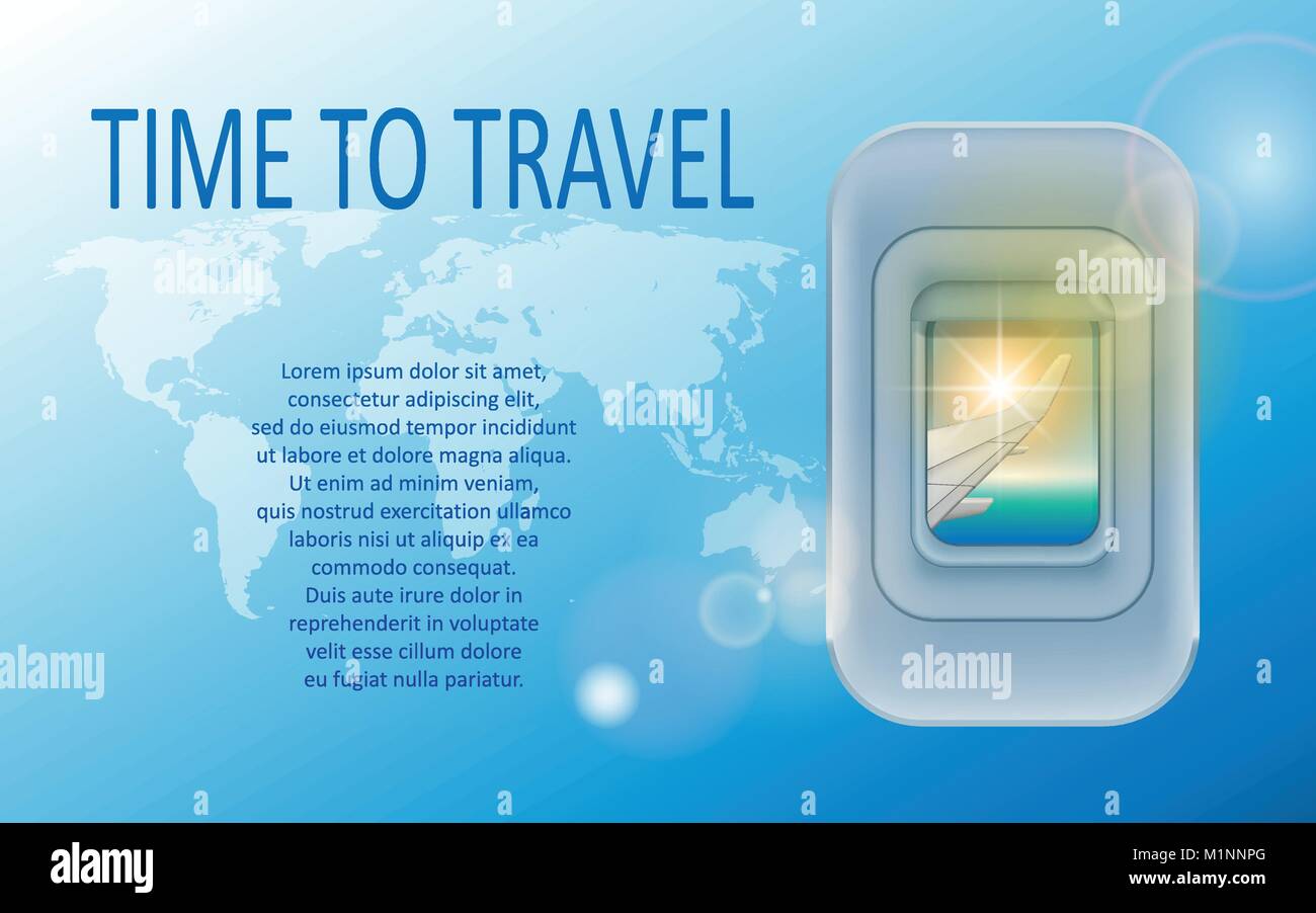Il mondo dei viaggi e del turismo del concetto. Banner di un oblò piano in tema di turismo. Agenzia di viaggio aereo pubblicità poster design. Illustrazione Vettoriale Illustrazione Vettoriale