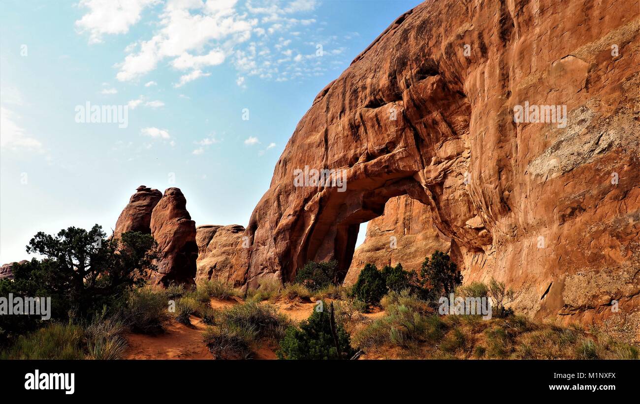 Pino Arch, Moab, UT - meravigliose formazioni rocciose si trova nel Parco Nazionale di Arches. Olympus OM-D MK II, f/8, 1/400 sec, ISO-200 Foto Stock