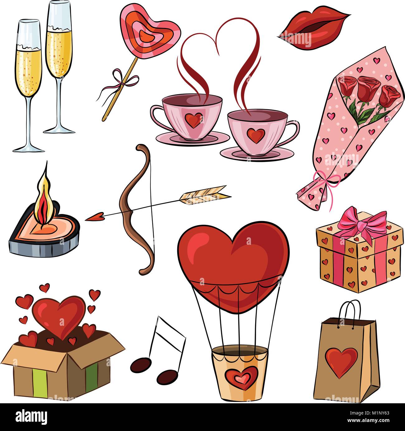 Illustrazione Vettoriale di cartoon adesivi per San Valentino vacanza Illustrazione Vettoriale