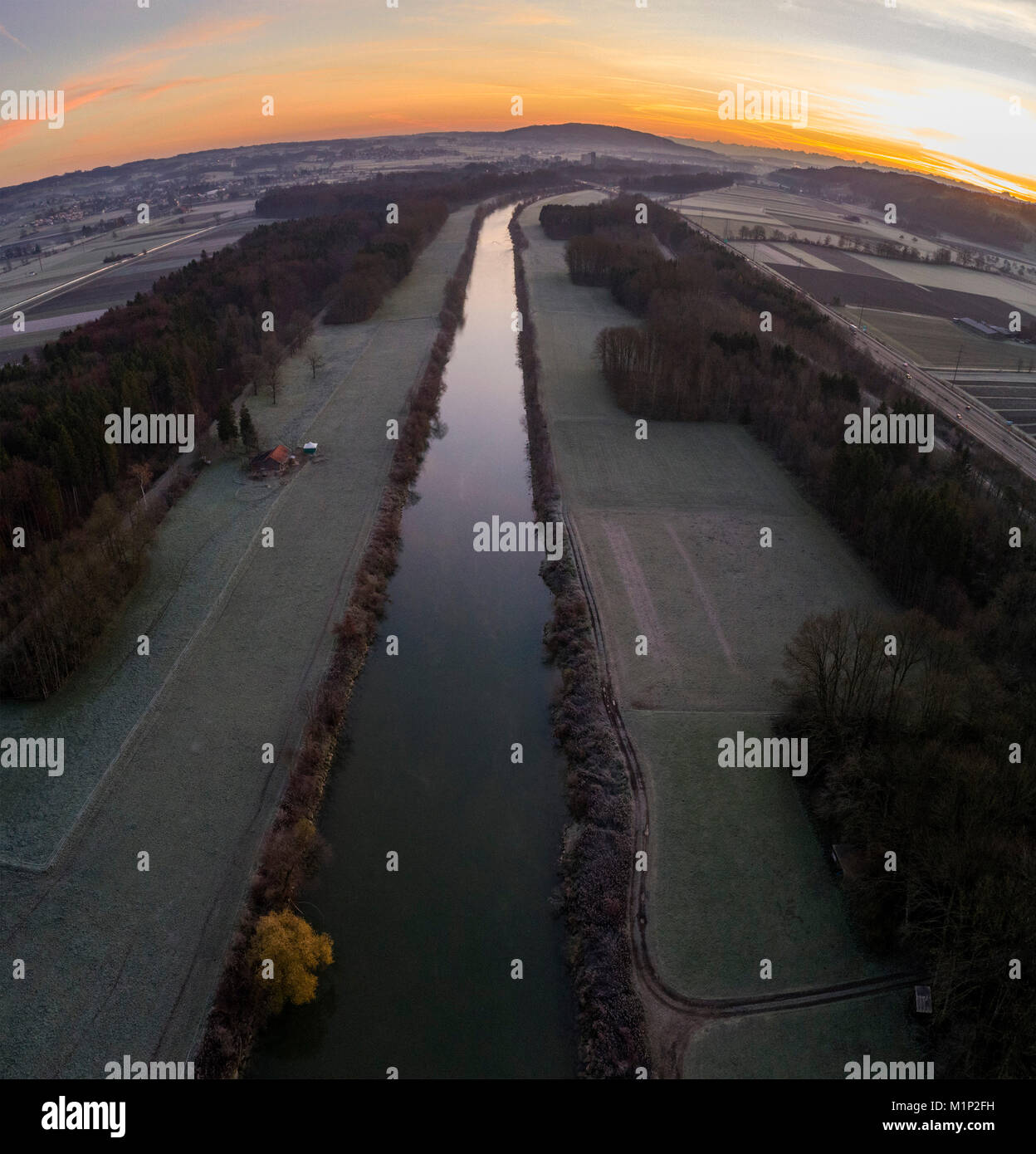 Vista aerea fiume gio,l'alba,Pfyn,Turgovia,Svizzera Foto Stock