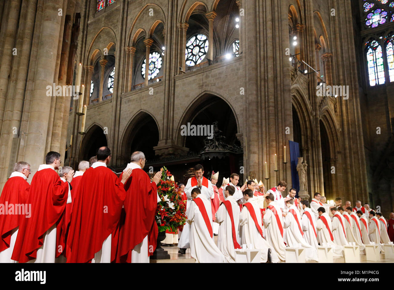 Sacerdote ordinazioni presso la cattedrale di Notre Dame di Parigi, Parigi, Francia, Europa Foto Stock