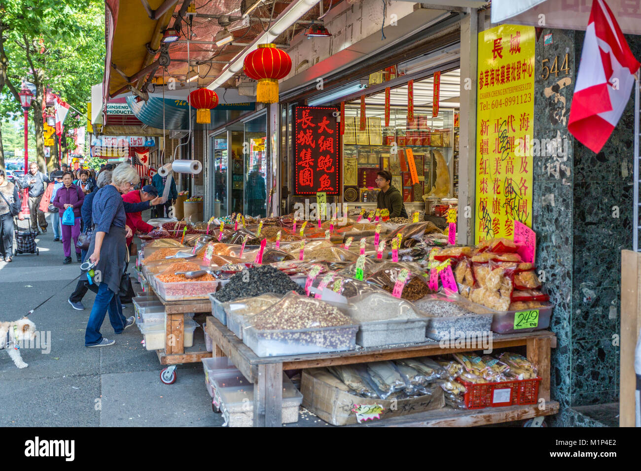 Produrre colorato store e gli acquirenti a Chinatown, Vancouver, British Columbia, Canada, America del Nord Foto Stock