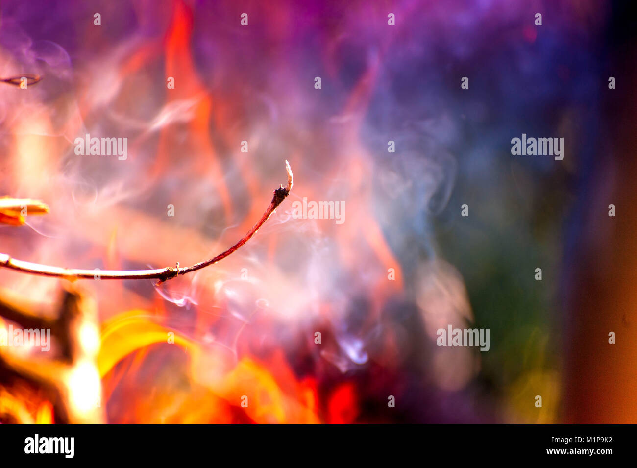 Accendere il fuoco. Macro shot di falò, fumo bianco, caldo incandescente del carbone e del fuoco. La masterizzazione di rami e legno. Le fiamme nel camino, casa accogliente, calore Foto Stock