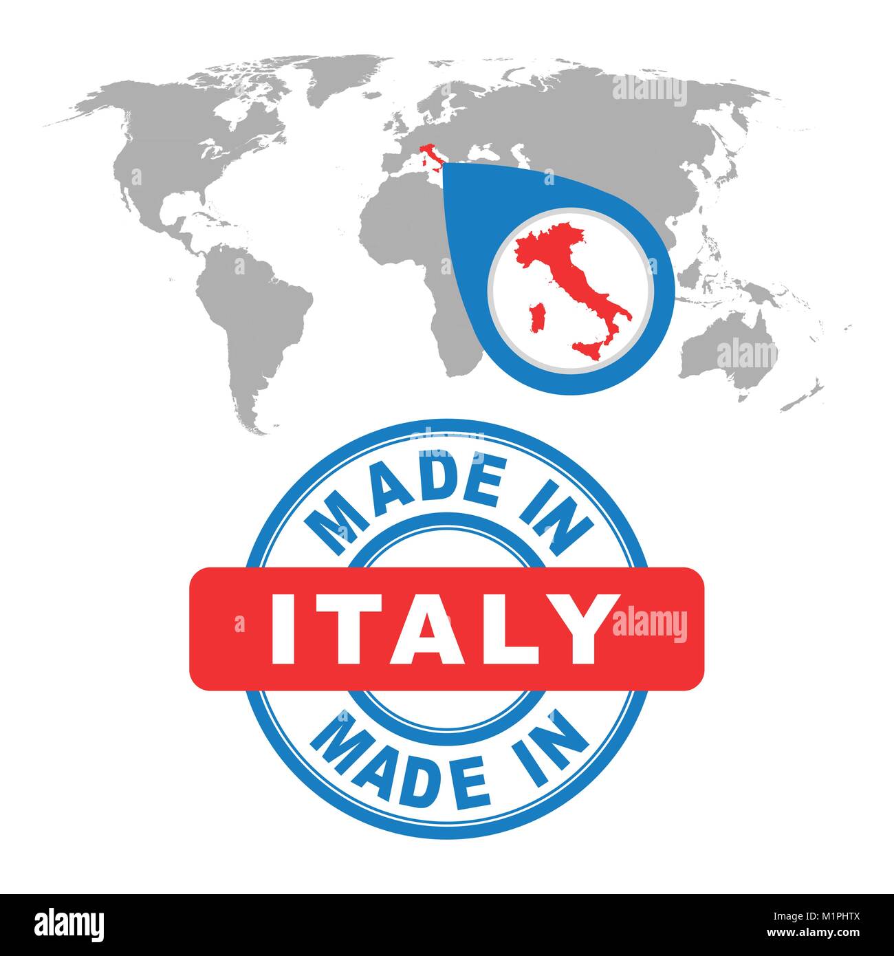 Made in Italy timbro. Mappa del mondo con red paese. Emblema del vettore in uno stile piatto su sfondo bianco. Illustrazione Vettoriale