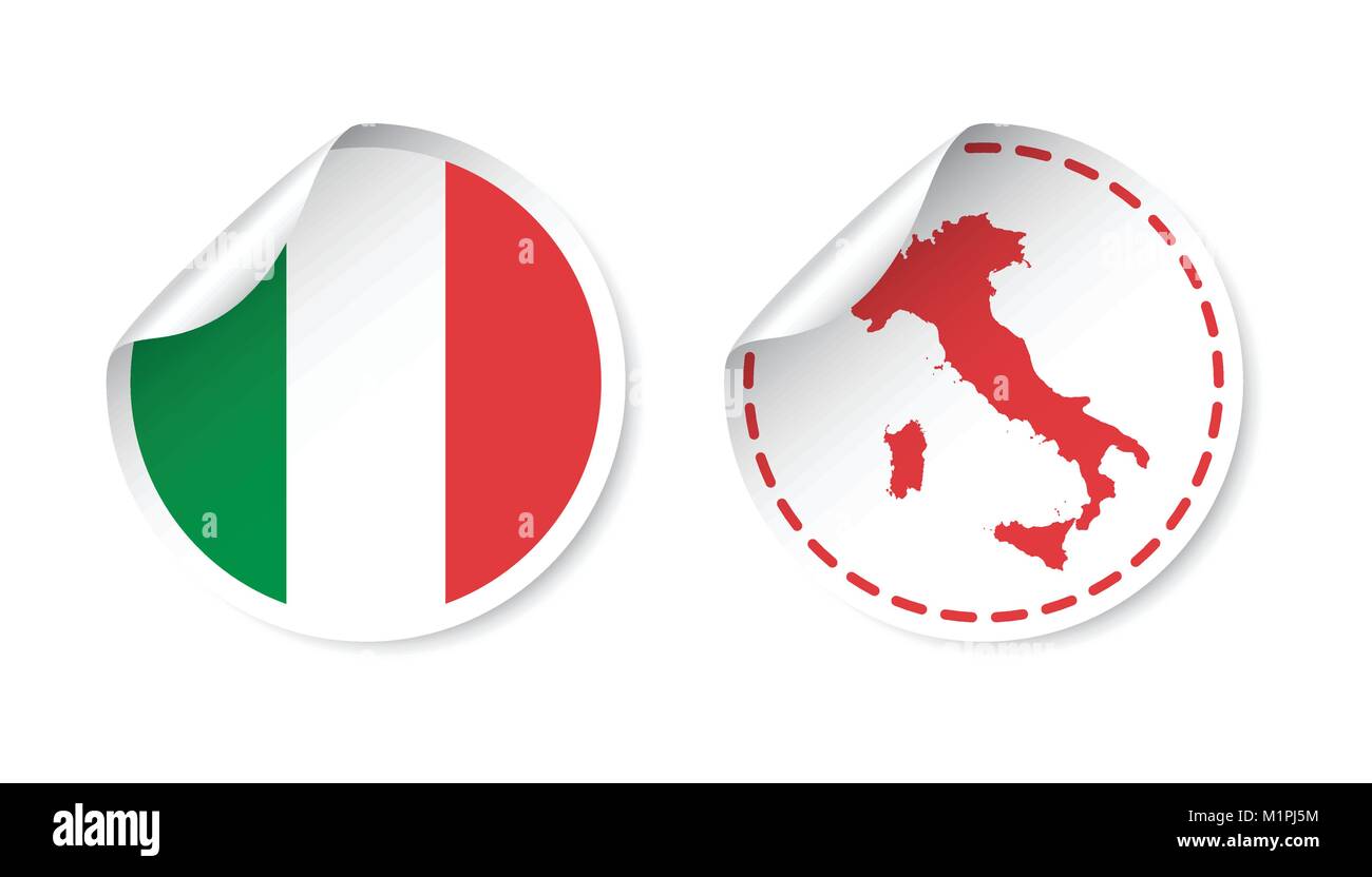 Italia adesivo con bandiera e la mappa. Etichetta, etichetta rotonda con il paese. Illustrazione Vettoriale su sfondo bianco. Illustrazione Vettoriale
