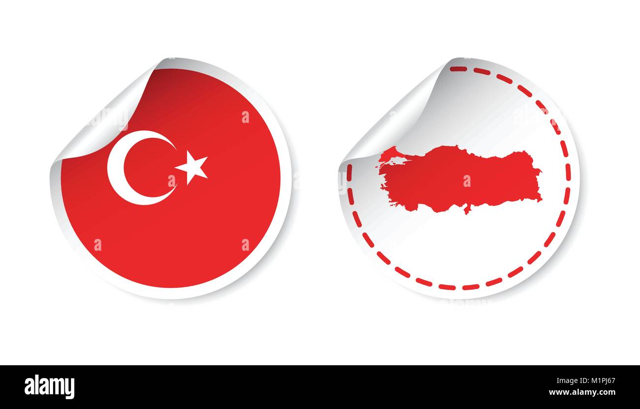 La Turchia adesivo con bandiera e la mappa. Etichetta, etichetta rotonda con il paese. Illustrazione Vettoriale su sfondo bianco. Illustrazione Vettoriale