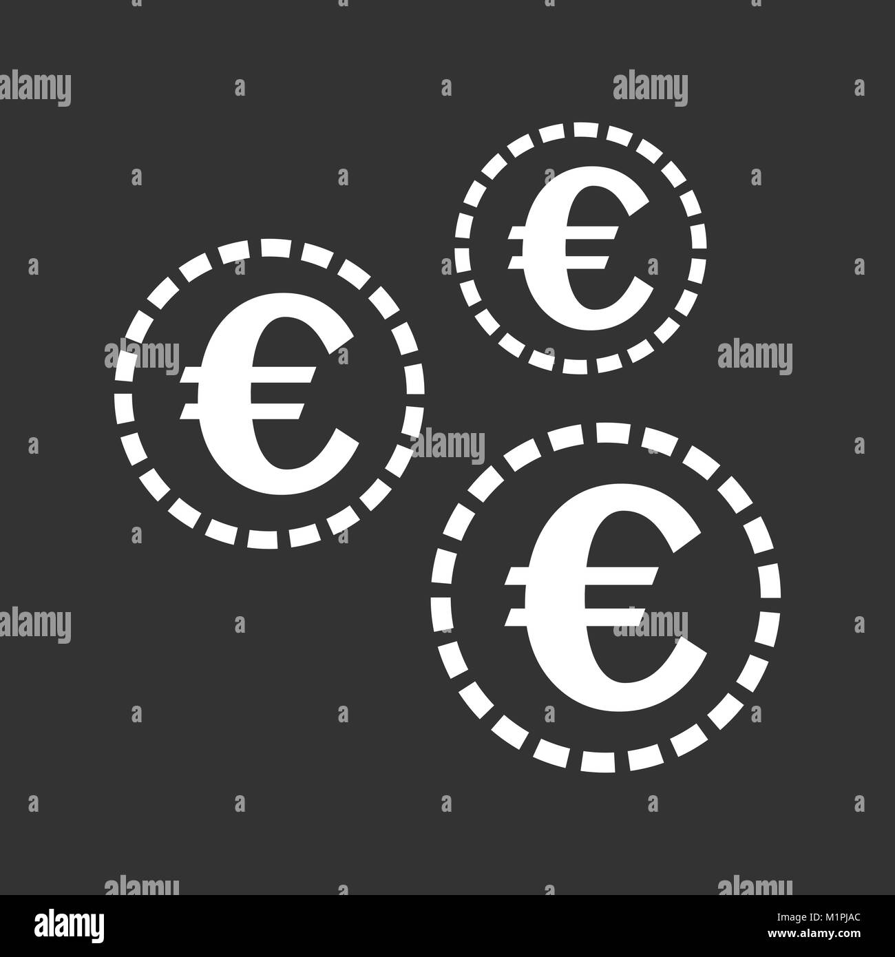 Monete metalliche in euro e la relativa icona. Illustrazione Vettoriale in stile appartamento. Coin bianco su sfondo nero. Illustrazione Vettoriale