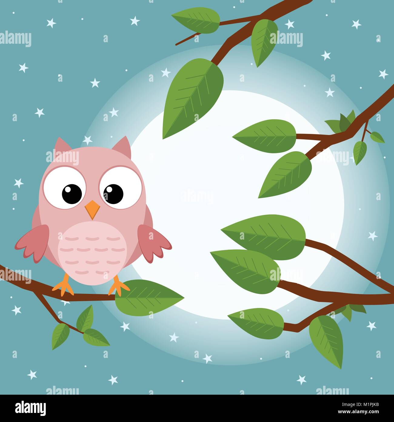 Albero colorato con graziosi owl. Cartoon bird nella foresta di luna. Appartamento illustrazione vettoriale. Illustrazione Vettoriale