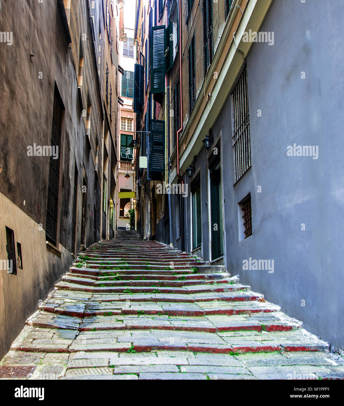 Uno stretto vicolo con scale di pietra nel centro antico di Genova, Italia. Foto Stock