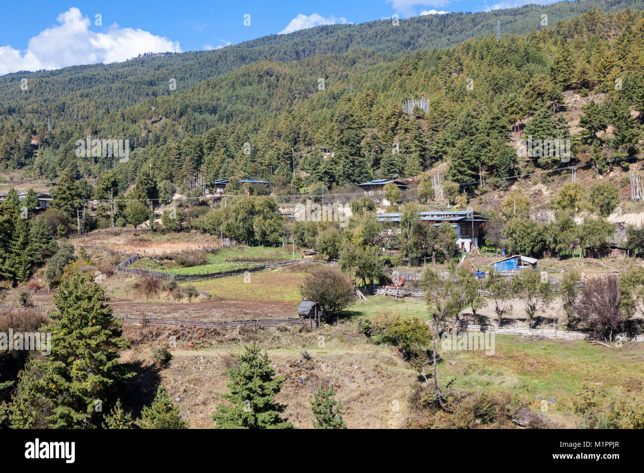 Bumthang, Bhutan. Paesaggio rurale vista da Prakhar Dzong, Chumey Valley. Fattoria in primo piano. Foto Stock