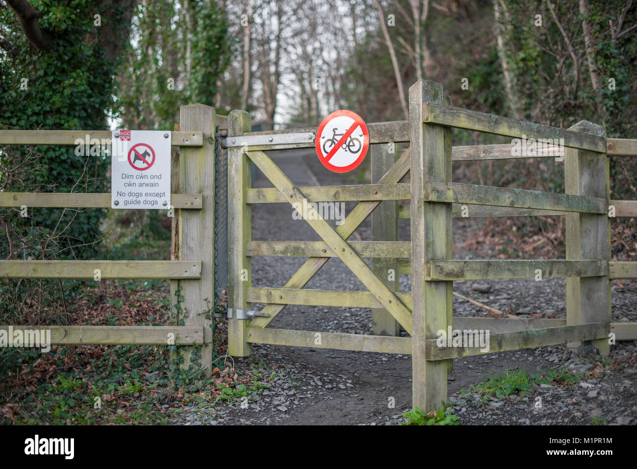 Una recinzione di legno Gate leading in boschi con due segni: no escursioni in bicicletta e cani non ammessi ad eccezione dei cani guida, quest'ultimo dotato di Welsh nonché Foto Stock