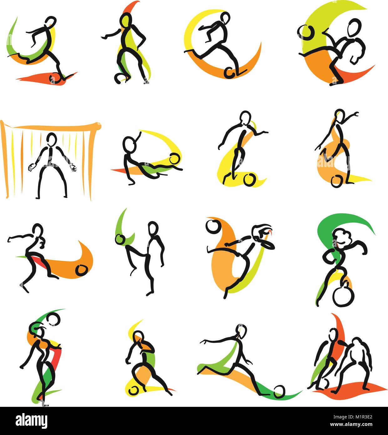 16 Soccer Doodle set di icone, disegnati a mano schizzi con colorato strisciare su sfondo bianco. Arte vettoriale. Illustrazione Vettoriale